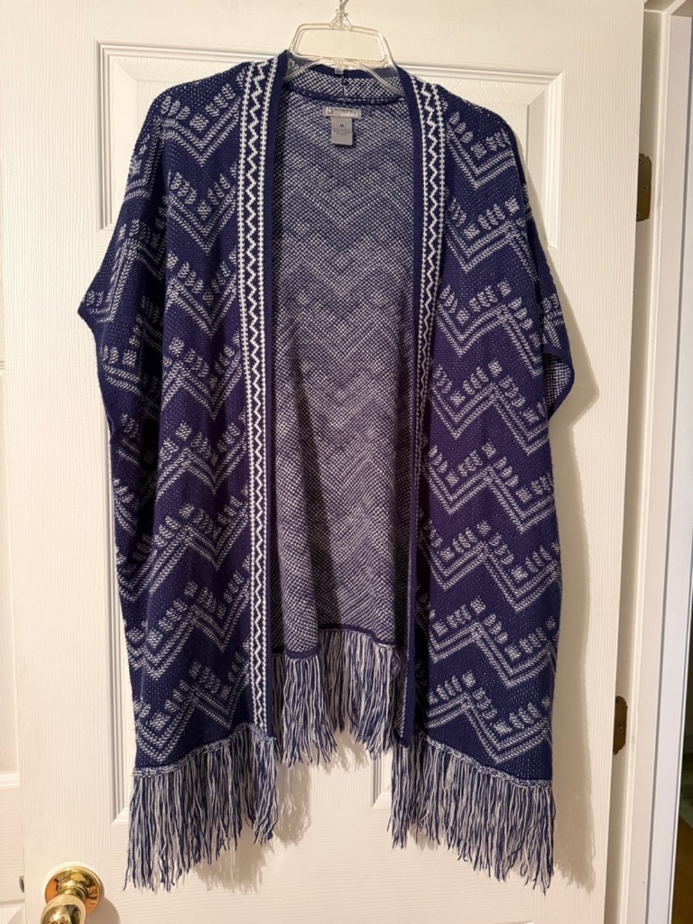 new directions Navy and White Fringe Poncho Sweater
